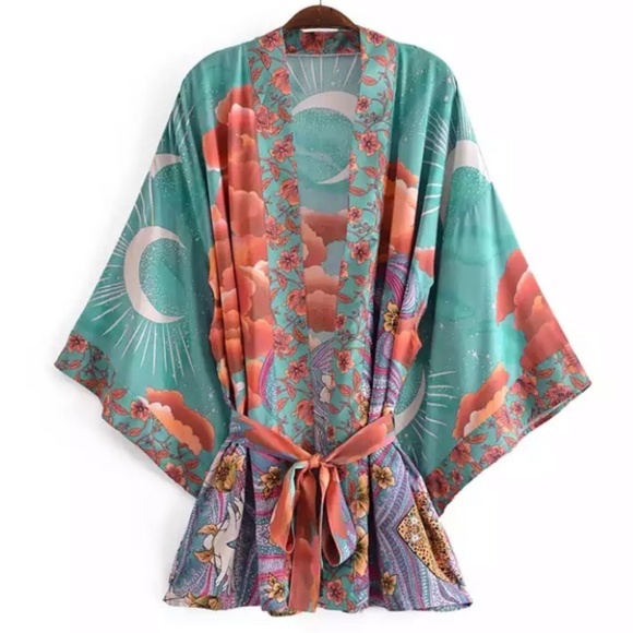 Green Cosmic Galaxy Moon Boho Short Kimono Coverup Robe - Picture 2 of 11